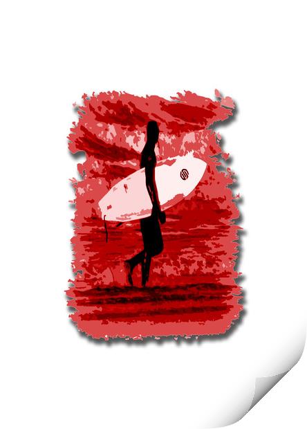 Surfer Silhouette in Red Print by graham young