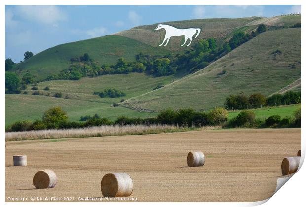 Majestic White Horse on Hillside Print by Nicola Clark