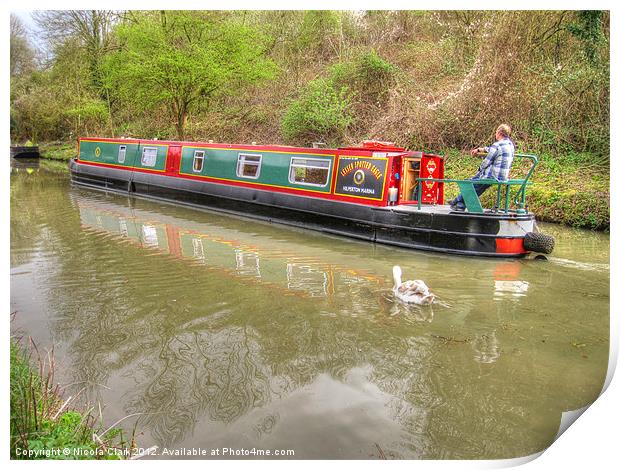 Serene Reflections of a Traditional Narrowboat Print by Nicola Clark