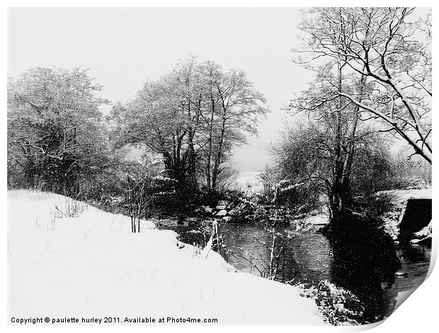 Snow.Rhymney Valley River.Wales. Print by paulette hurley