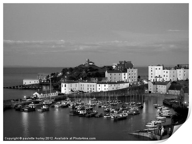 Tenby Night Harbour.Black+White. Print by paulette hurley