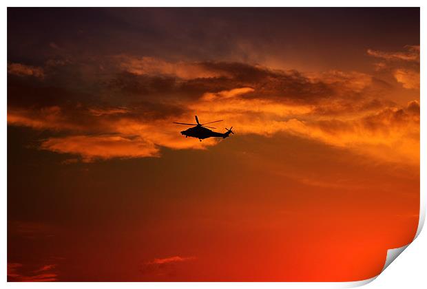 Helicopter At Sunset Print by Ian Jeffrey
