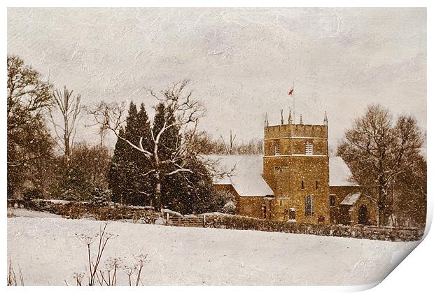 snow falling on chiddingstone causeway church Print by Dawn Cox