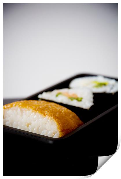 Sushi tray, salad rolls, inari pockets Print by K. Appleseed.