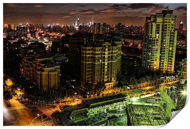 JinQiao, Shanghai - Night time cityscape looking t Print by Phil Hall