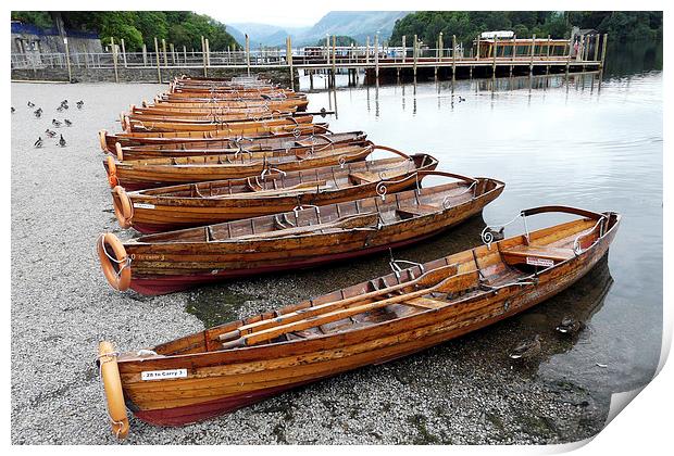 Derwent water row boats Print by Tony Bates