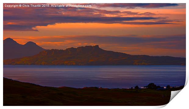 A sunset view to Rhum and Eigg  Print by Chris Thaxter