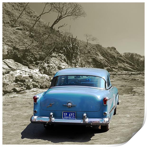 Antique Auto on Rock at Playa Pelada Print by james balzano, jr.