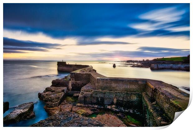 St Monan, Fife - breakwater at sunset Print by Stuart Jack