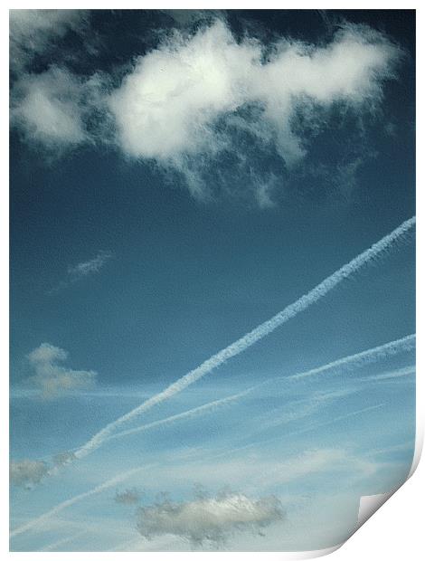 fluffy white clouds and vapour trails Print by Heather Newton