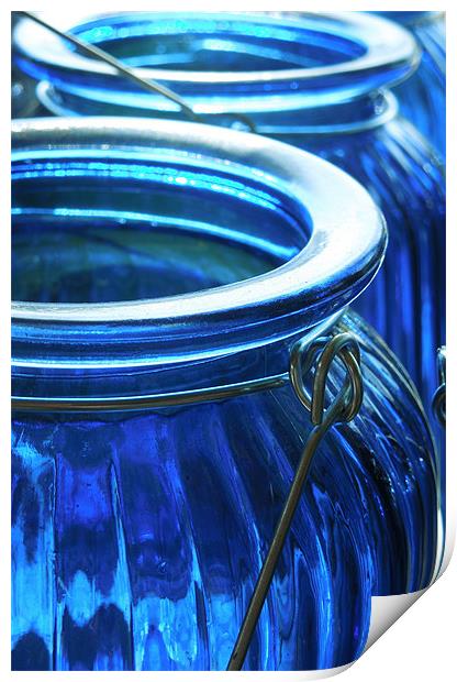blue glass jars Print by Heather Newton