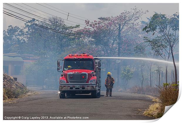 fire engine putting out a fire Print by Craig Lapsley