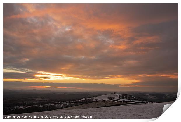 Raddon Top sunset in the snow Print by Pete Hemington