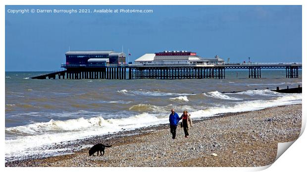 Walking the dog at on Cromer beach Print by Darren Burroughs