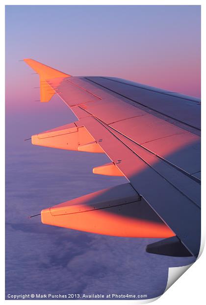 Warm Glow of Sun Rise on Airplane Wing Print by Mark Purches