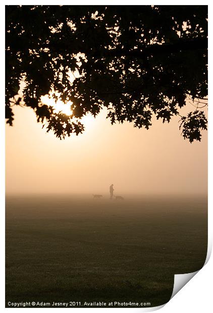 Morning mist dog walker Print by Adam Jesney