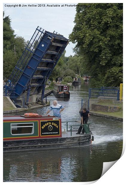 Narrowboats at Aldermaston Wharf Swing Bridge Print by Jim Hellier