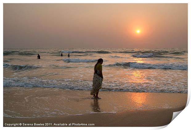 Woman in Sari at Sunset at Benaulim Beach Print by Serena Bowles