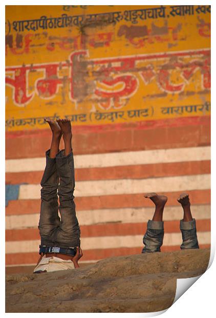 Doing Yoga on the Ghats at Varanasi Print by Serena Bowles