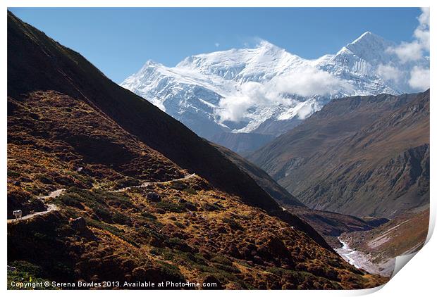 Snowy Mountain and Valley along Annapurna Circuit Print by Serena Bowles