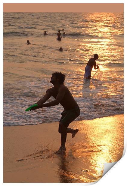 Frisbee Thrower on Varkala Beach at Sunset Print by Serena Bowles
