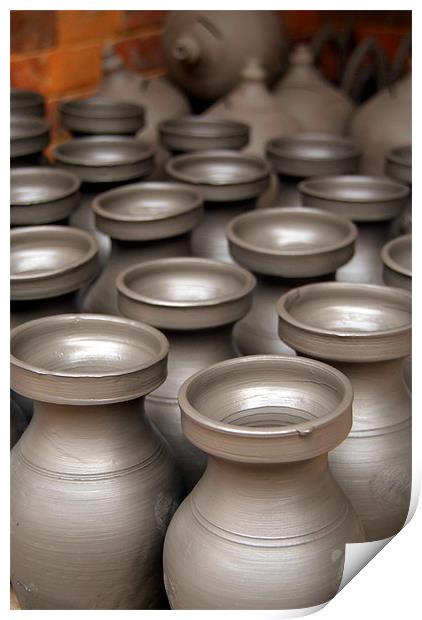 Pots Drying in Bhakatpur, Kathmandu Valley, Nepal Print by Serena Bowles