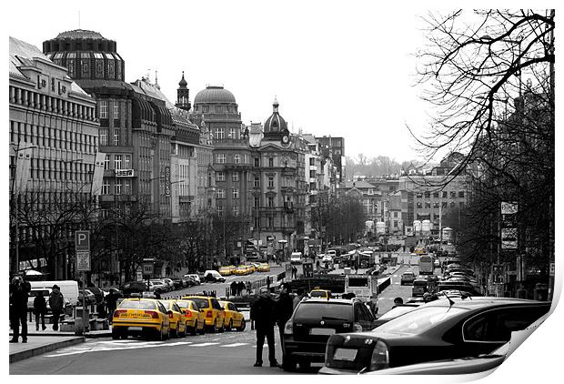 Taxis in Wenceslas Square Print by Serena Bowles