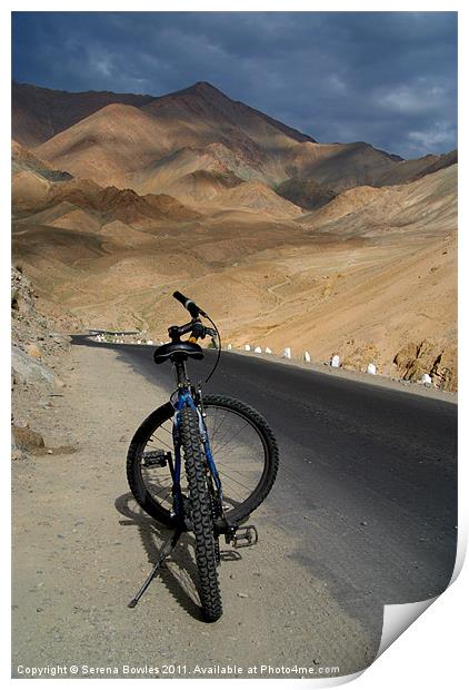 Mountain Biking down from Khardung La Print by Serena Bowles