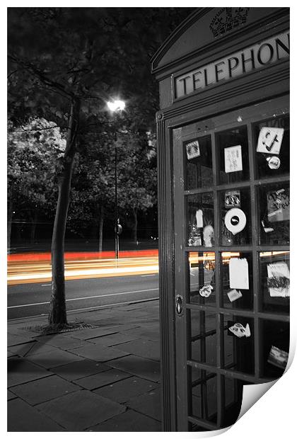London Telephone box with trail of lights Print by Sarah Waddams