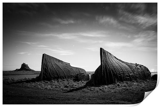 Lindisfarne Boat Huts - Moonlit Print by Paul Appleby