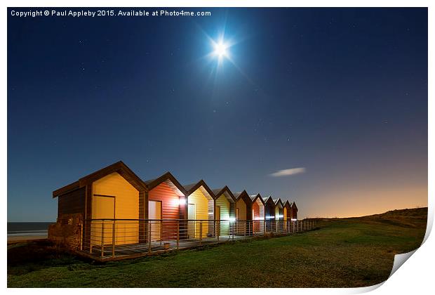  Blyth Beach Huts under a Christmas Eve Moon Print by Paul Appleby