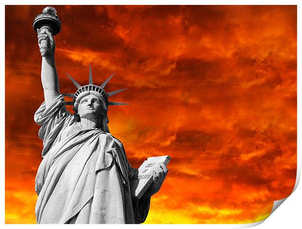 Dramatic sunset with Lady Liberty Print by Thomas Stroehle