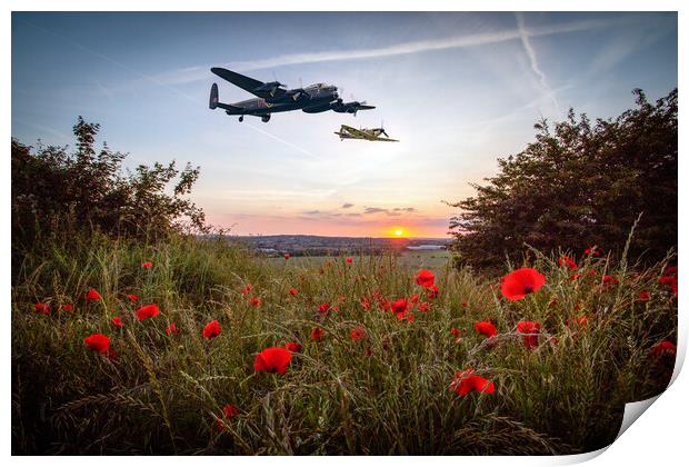 Lancaster and Spitfire Poppy Sunset Print by J Biggadike