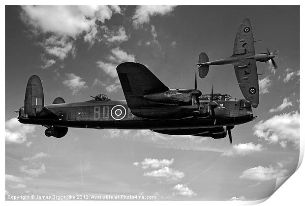 Avro Lancaster with Spitfire Print by J Biggadike