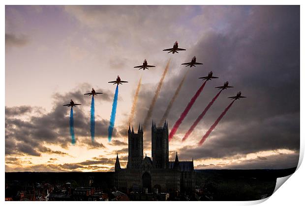 Red Arrows over Lincoln Cathedral Print by J Biggadike