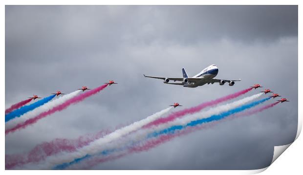 Red Arrows and BOAC 747 Fly Past Print by J Biggadike