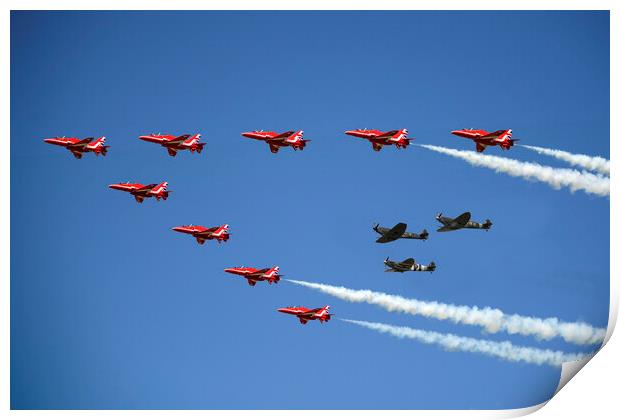 Red Arrows with the BBMF Spitfires Print by J Biggadike