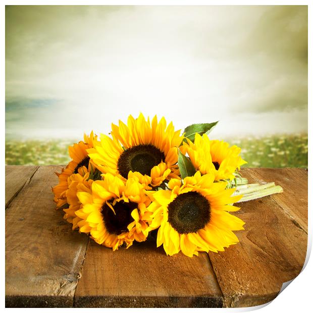 Sunflowers On A Wooden Table Print by Lynne Davies
