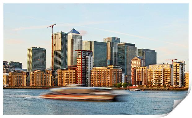 Canary Wharf, Thames Clipper Print by Linsey Pluckrose