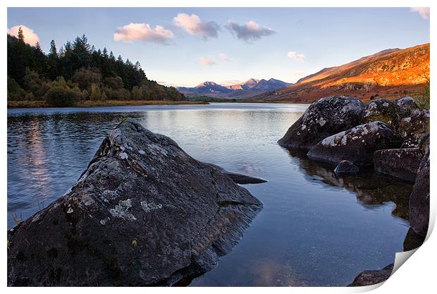 Mymbyr lakes with snowdon in the distance Print by Rory Trappe