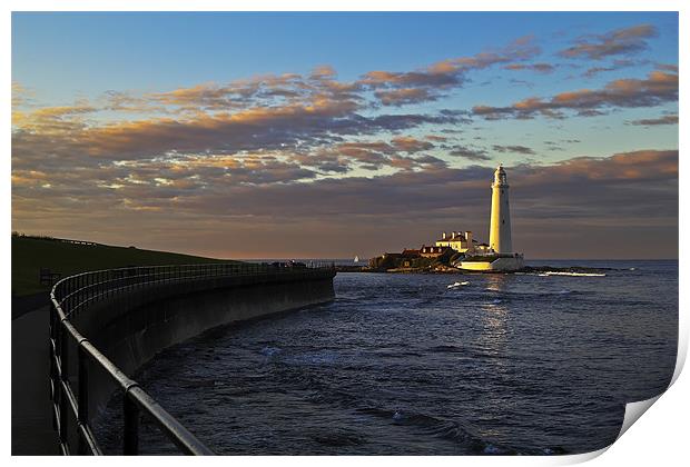 Sunset at St Mary's Lighthouse Print by Kevin Tate