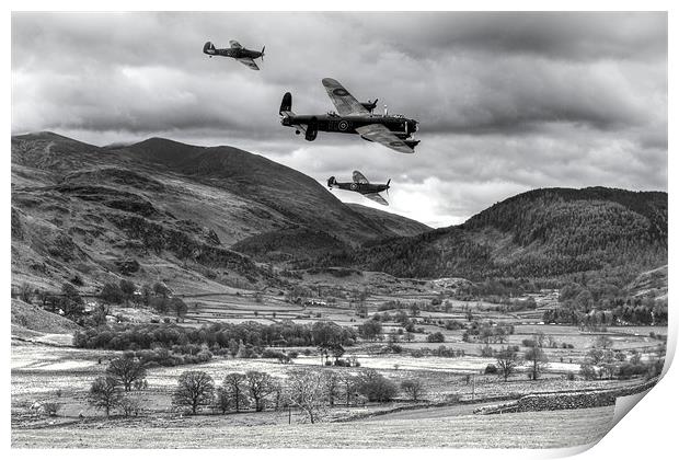 Lancaster bomber and wingmen. Print by Kevin Tate