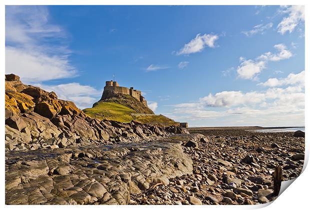 Lindisfarne Castle viewed from the shoreline. Print by Kevin Tate