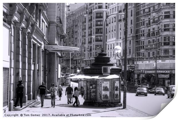 Newspaper Stand on the Gran Via - B&W Print by Tom Gomez