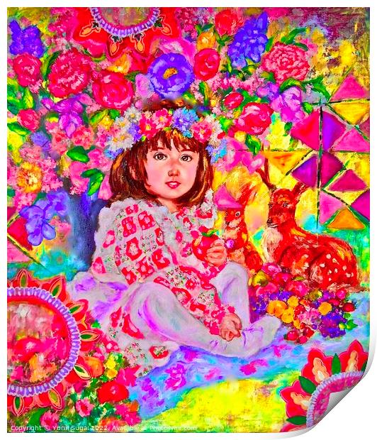 Yumi Sugai.Anna, flowers and animals.  Print by Yumi Sugai