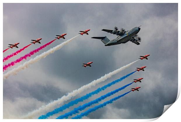 Airbus A400 with the Red Arrows Print by Chris Lord