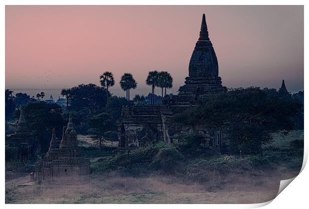 Mysterious Stupas In Bagan At Dawn Print by Chris Lord
