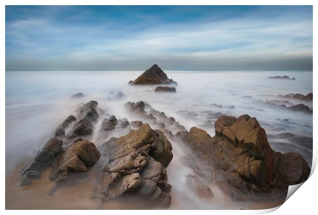 jagged rocks and smooth sea's at Sandymouth beach Print by Eddie John