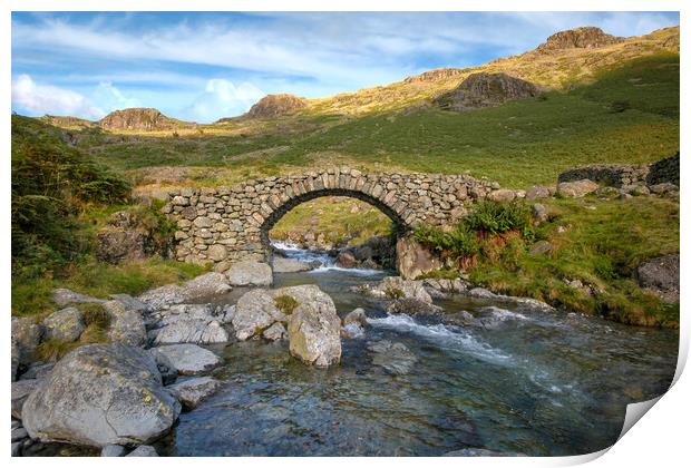 lingcove bridge , pack horse bridge, lingcove beck river esk, eskdale, cumbria, lake district, mountains, mountain stream, rocky out crops, valley, no people, greenery, rural, countryside, uk, great britain, england, walking, outdoor , ancient , Print by Eddie John