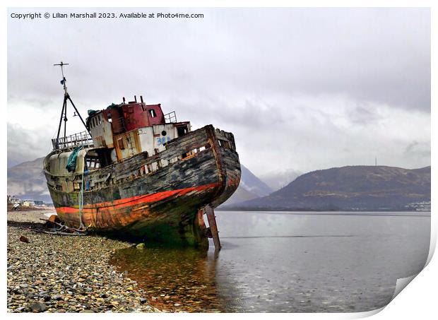 The wreck on Loch Linnhe at Corpach. Print by Lilian Marshall